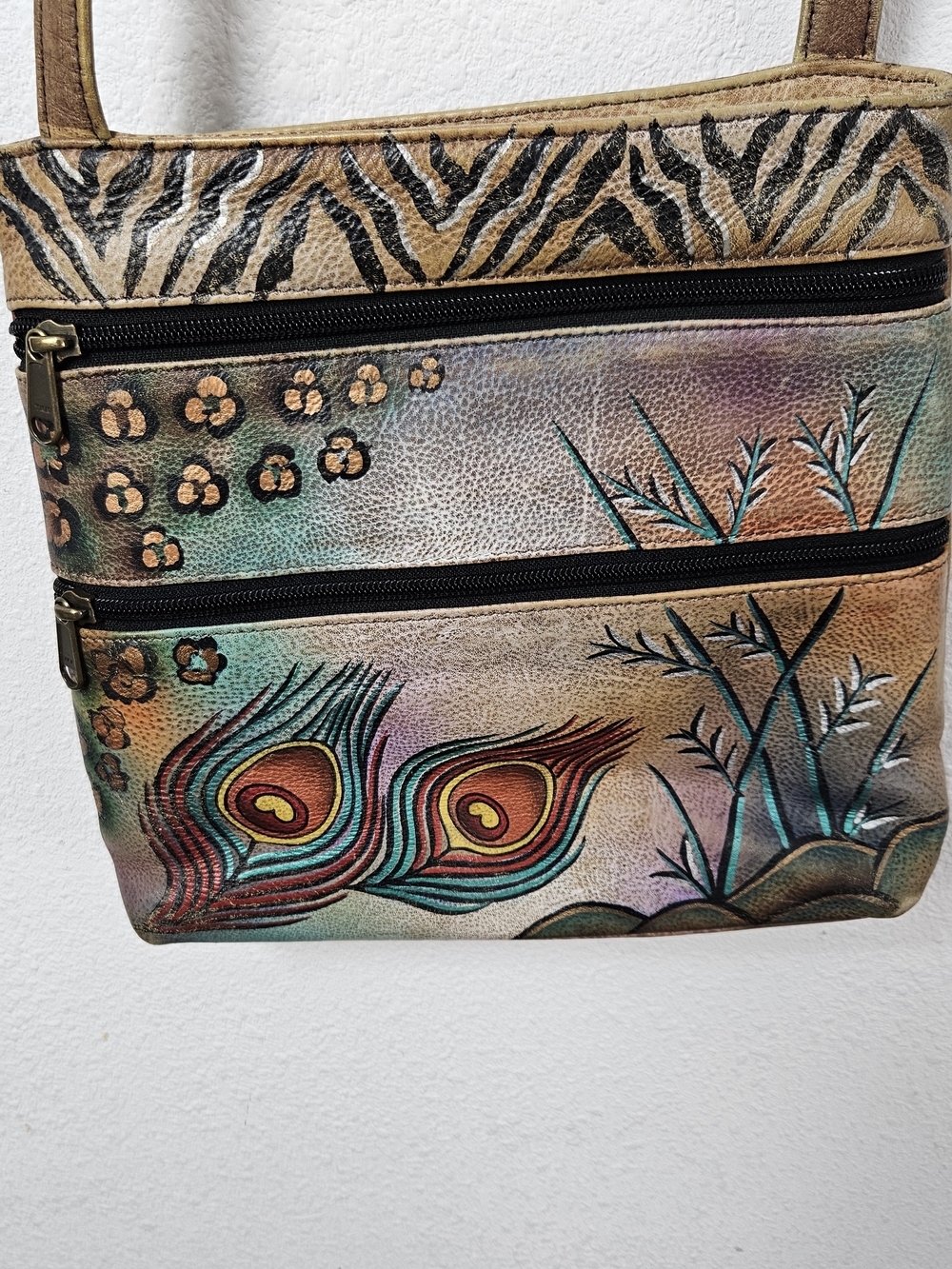 ANUSCHKA Hand-Painted Peacock Feather Crossbody Bag in Multicolor